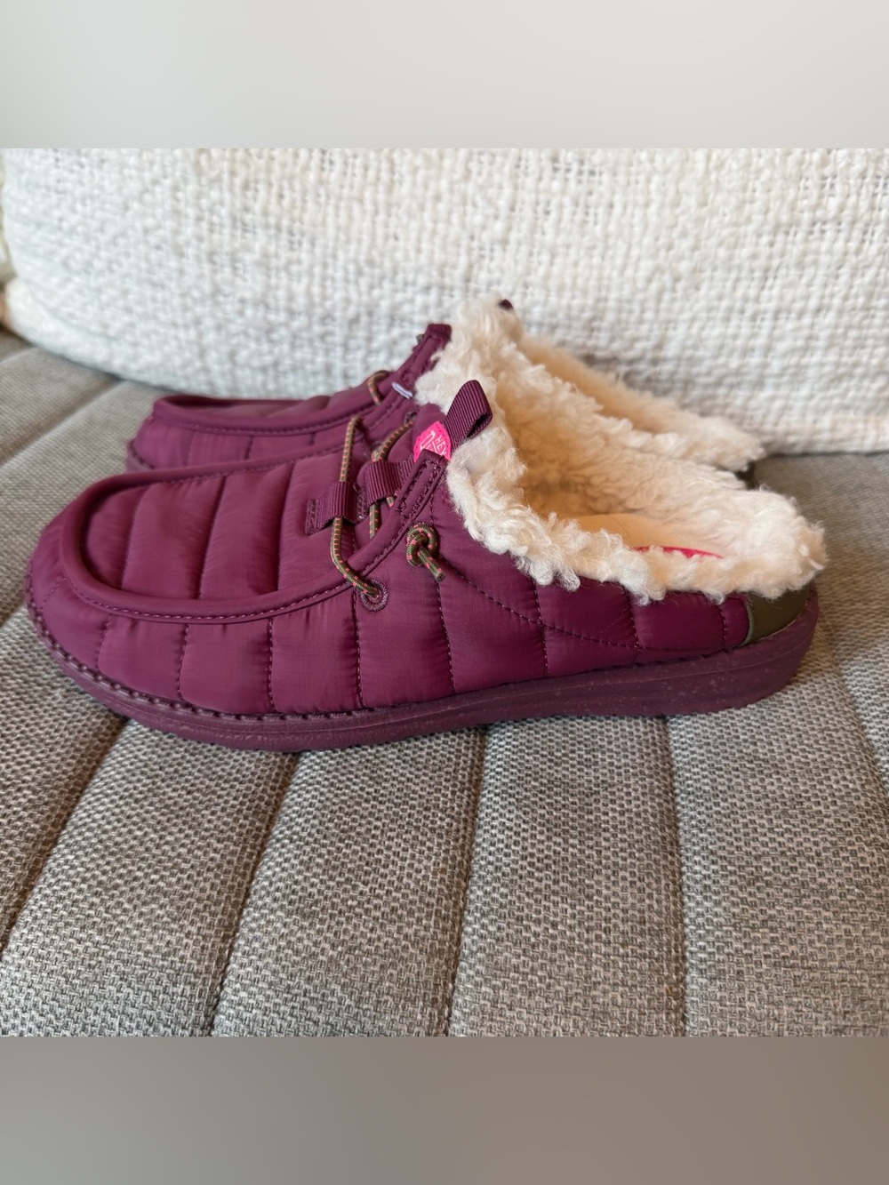 Hey Dude Burgundy Quilted Faux-Fur Lined Slip-Ons with Pink Logo - Picture 5 of 8